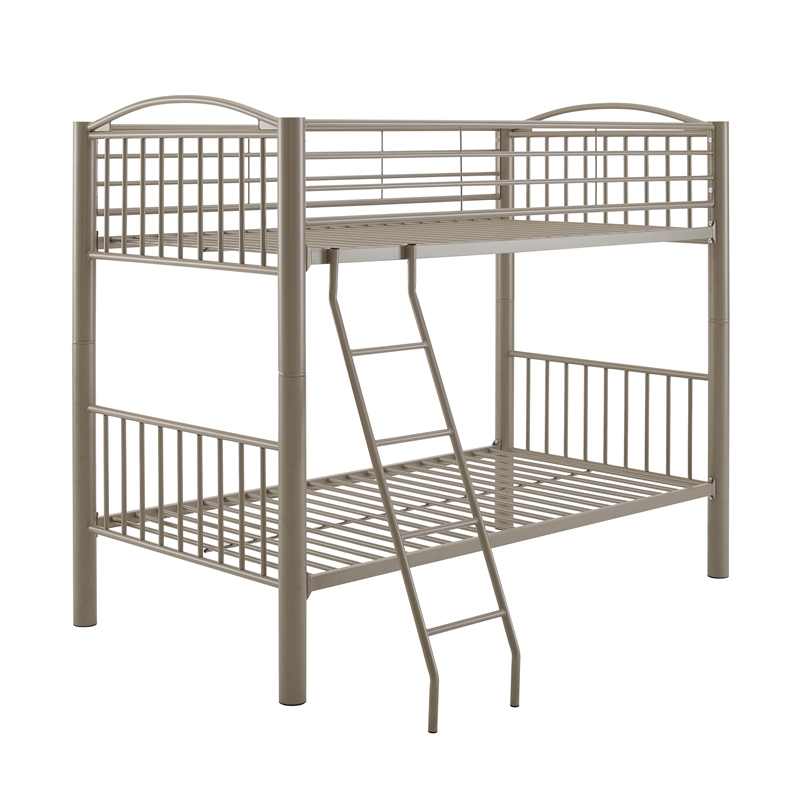 Linon Heavy Metal Twin Over Twin Bunk Bed Attached Ladder in Pewter Finish