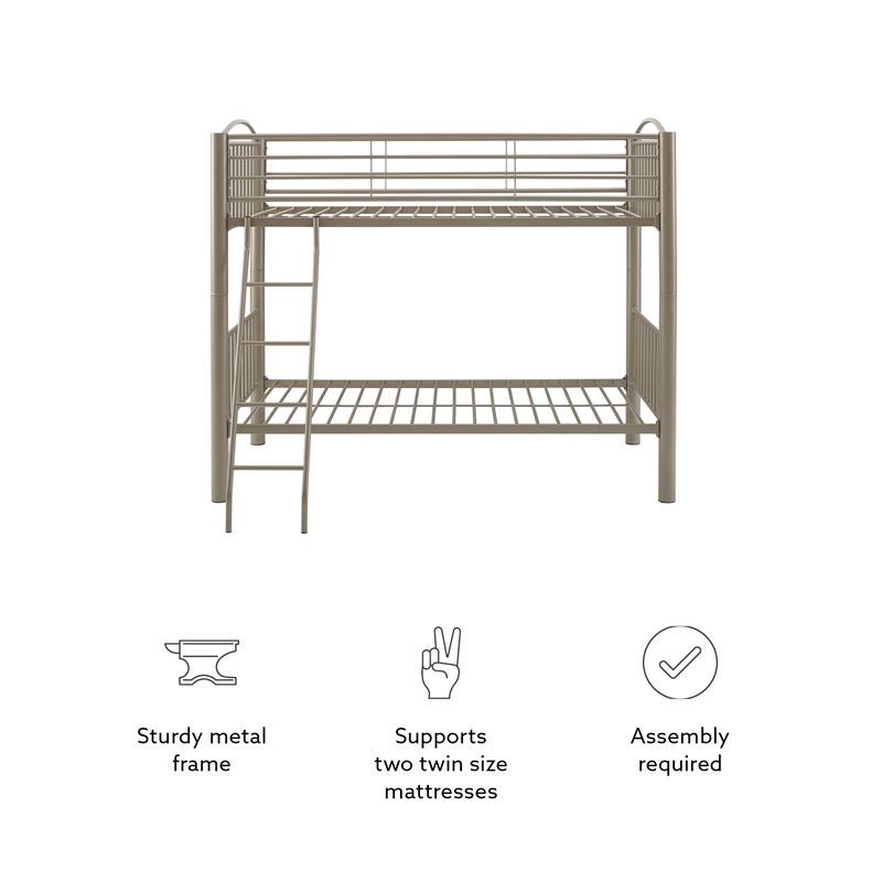 Linon Heavy Metal Twin Over Twin Bunk Bed Attached Ladder in Pewter Finish