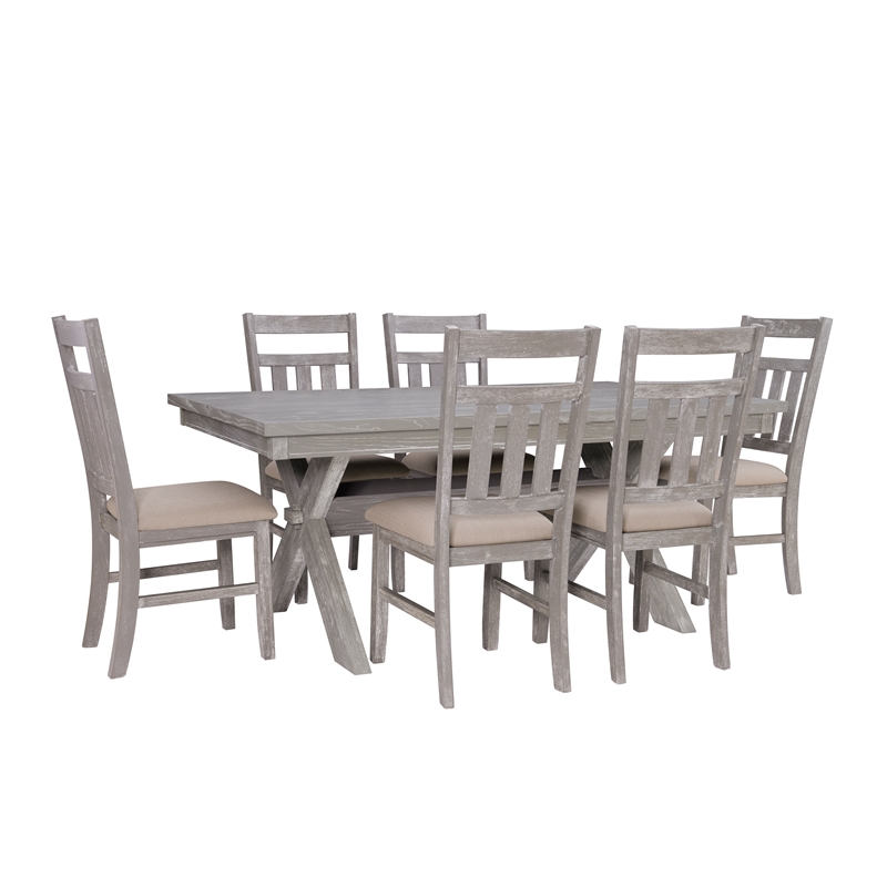 Linon Turino Seven Piece Wood Dining Set Padded Seats in Weathered Gray Stain