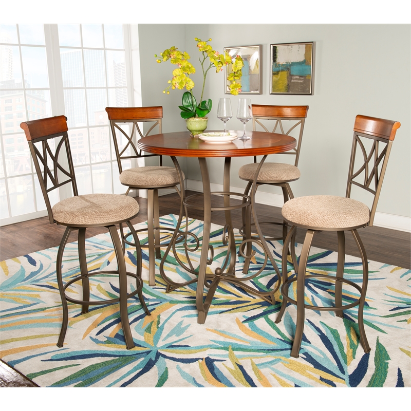 Linon Hamilton Five Piece Wood and Steel Swivel Pub Set in Matte Pewter & Bronze