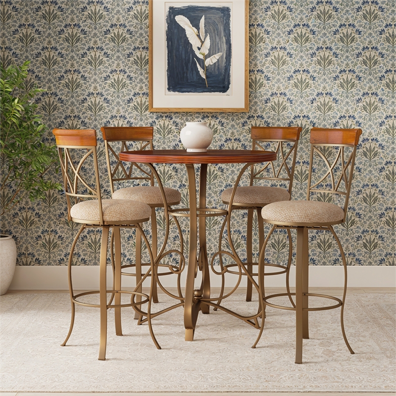 Linon Hamilton Five Piece Wood and Steel Swivel Pub Set in Matte Pewter & Bronze