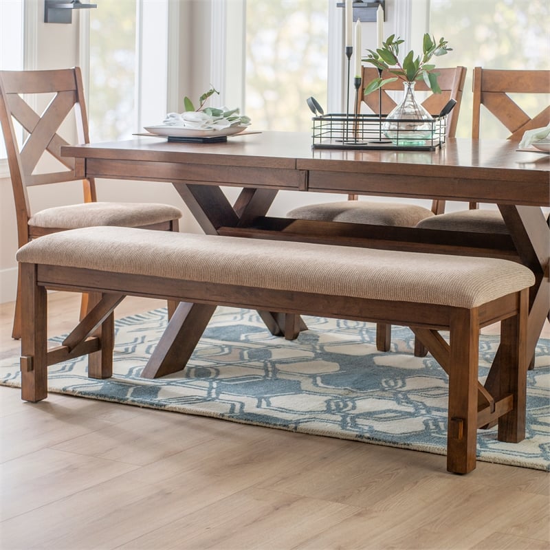 Linon Kraven Dining Bench Upholstered Seat Wood Frame in Dark Hazelnut Stain