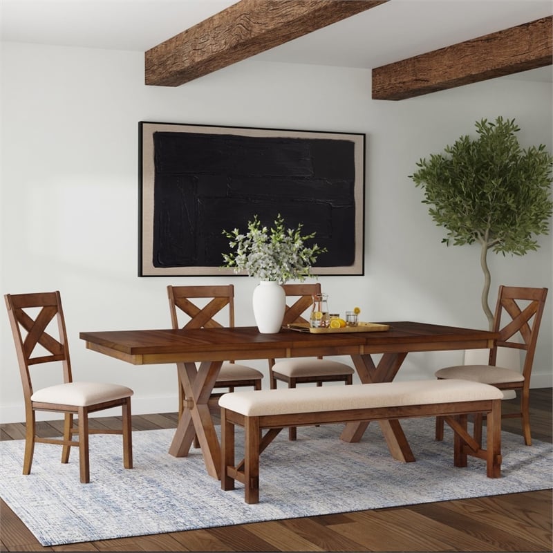 Linon Kraven 6 Pce Wood Dining Set X-Back Padded Seats Bench Dark Hazelnut Brown