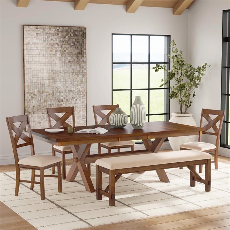 Linon Kraven 6 Pce Wood Dining Set X-Back Padded Seats Bench Dark Hazelnut Brown