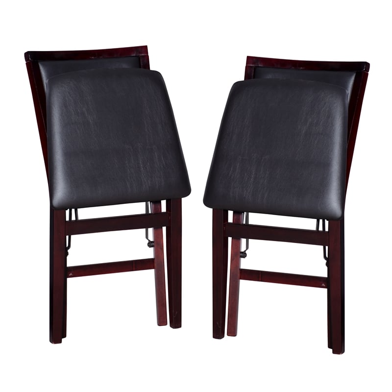 Linon Triena Set of 2 Folding Chairs Brown Faux Leather Back/Seat in Merlot Wood