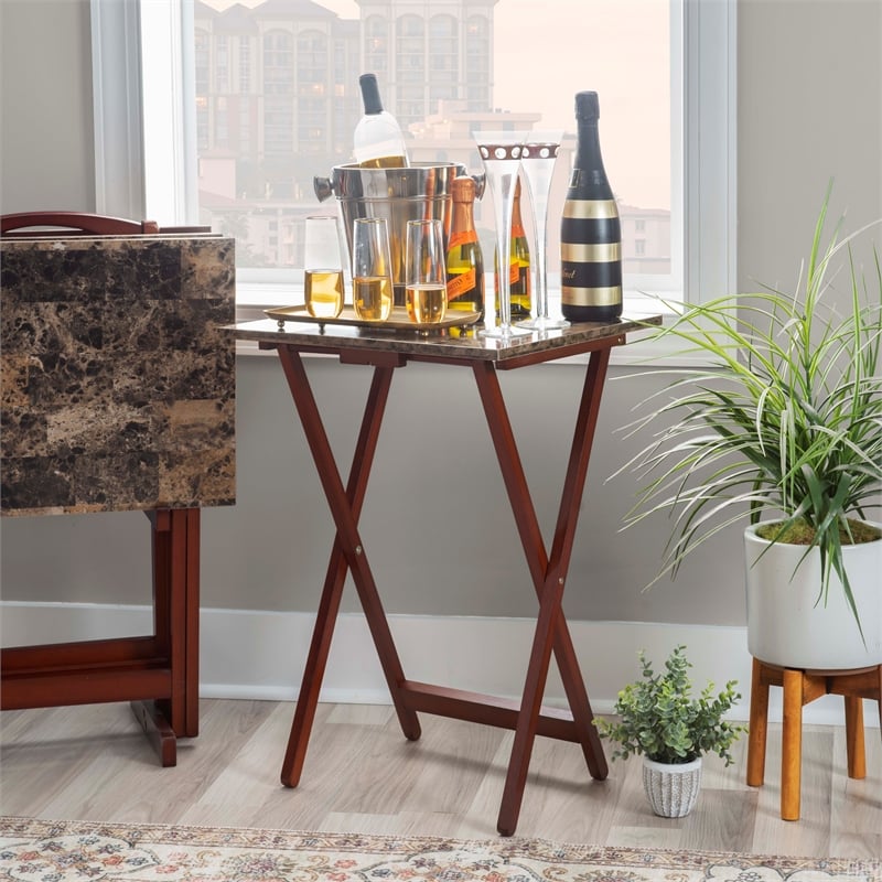 Linon Five Piece Faux Marble Folding Tray Table Set with Stand in Brown Wood