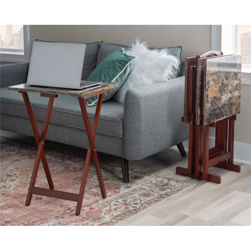 Linon Five Piece Faux Marble Folding Tray Table Set with Stand in Brown Wood