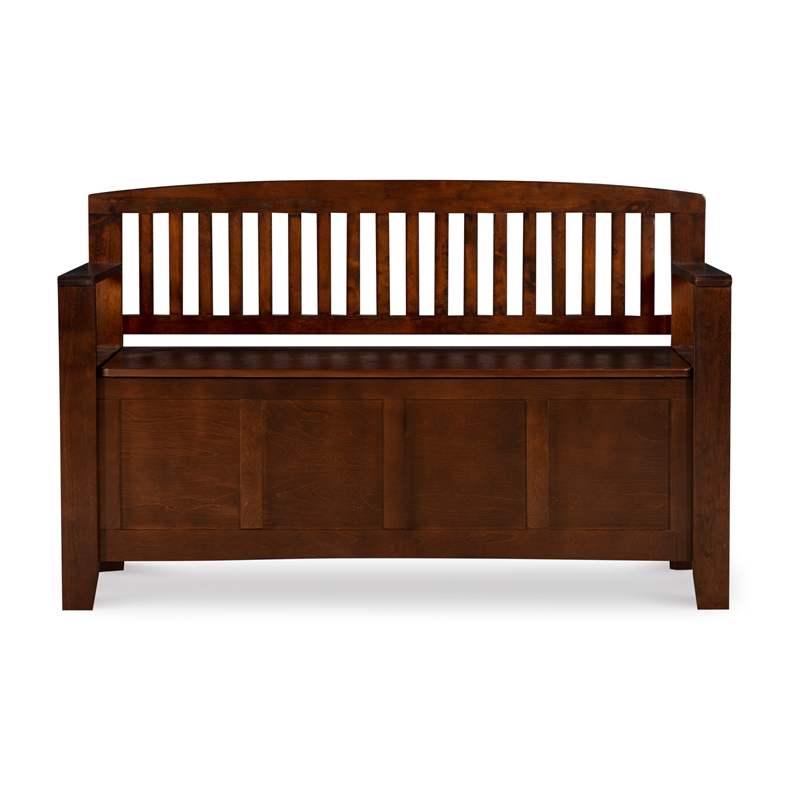 Linon Cynthia Wood Storage Bench FlipTop Slat Back & Side in Walnut Brown Finish
