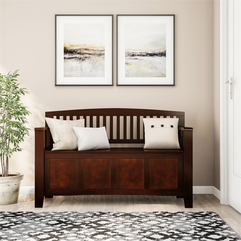 Linon Cynthia Wood Storage Bench FlipTop Slat Back & Side in Walnut Brown Finish