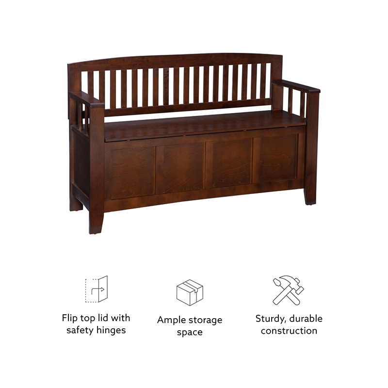 Linon Cynthia Wood Storage Bench FlipTop Slat Back & Side in Walnut Brown Finish