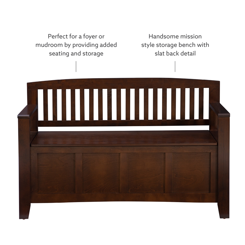 Linon Cynthia Wood Storage Bench FlipTop Slat Back & Side in Walnut Brown Finish