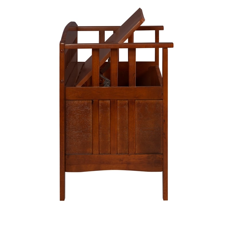 Linon Brandt Rubberwood Split Seat Slatted Back Storage Bench in Walnut Brown