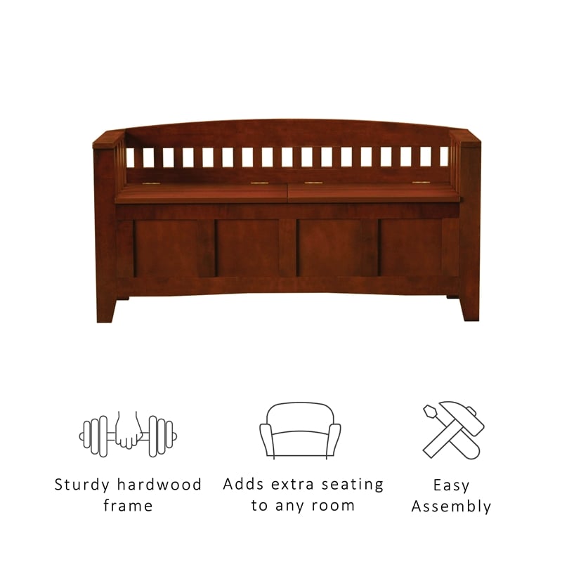 Linon Brandt Rubberwood Split Seat Slatted Back Storage Bench in Walnut Brown