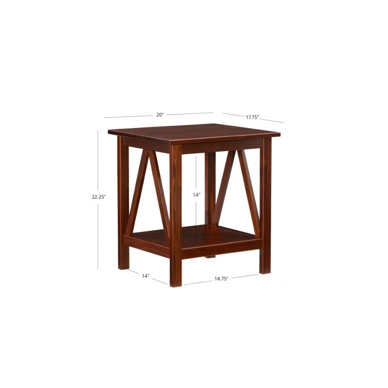 Linon Titian Solid Pine Wood End Table with Bottom Shelf in Tobacco Brown Finish