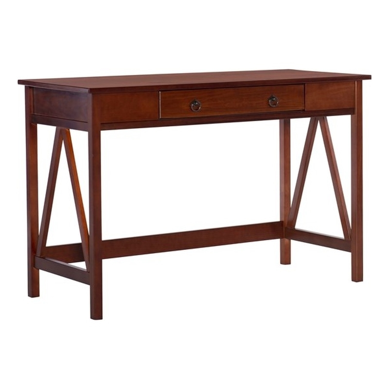 Linon Titian Pine Wood Classic One Drawer Desk in Rich Tobacco Brown Finish