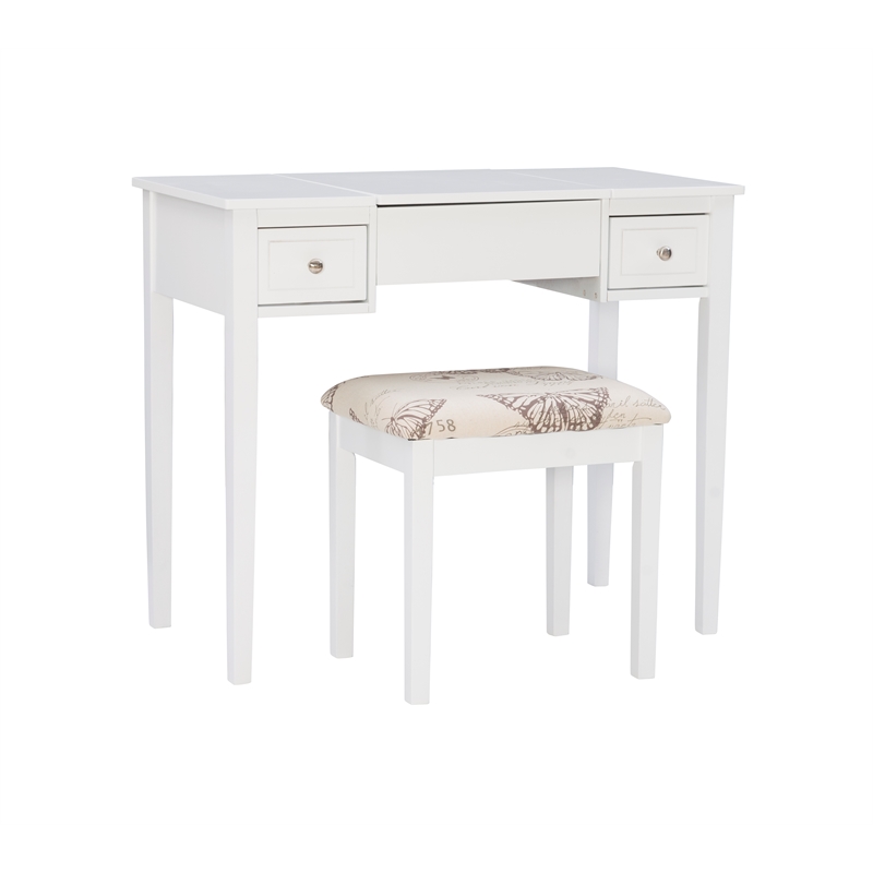 Linon Butterfly Vanity & Padded Stool Flip Up Mirror 2 Drawers in White Wood