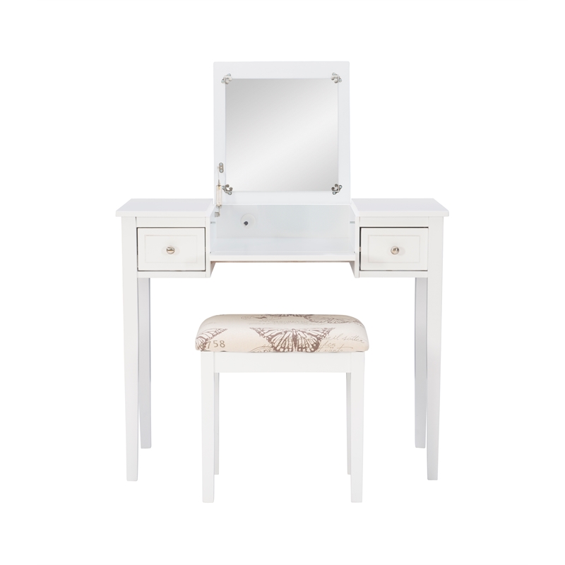 Linon Butterfly Vanity & Padded Stool Flip Up Mirror 2 Drawers in White Wood
