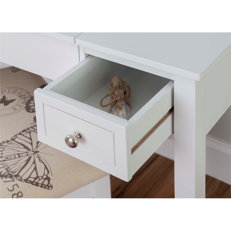 Linon Butterfly Vanity & Padded Stool Flip Up Mirror 2 Drawers in White Wood