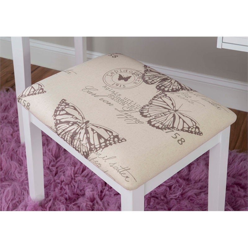Linon Butterfly Vanity & Padded Stool Flip Up Mirror 2 Drawers in White Wood