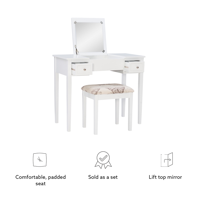 Linon Butterfly Vanity & Padded Stool Flip Up Mirror 2 Drawers in White Wood