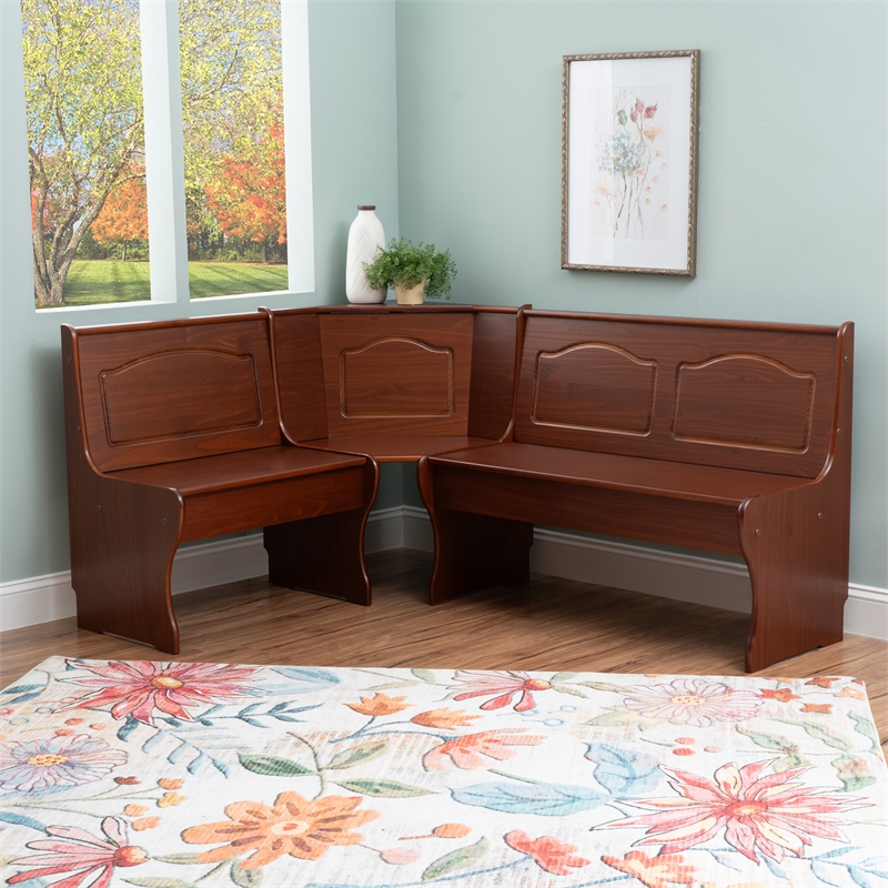 Linon Chelsea Corner Dining Nook Unit with Storage in Stained Walnut Pine Wood