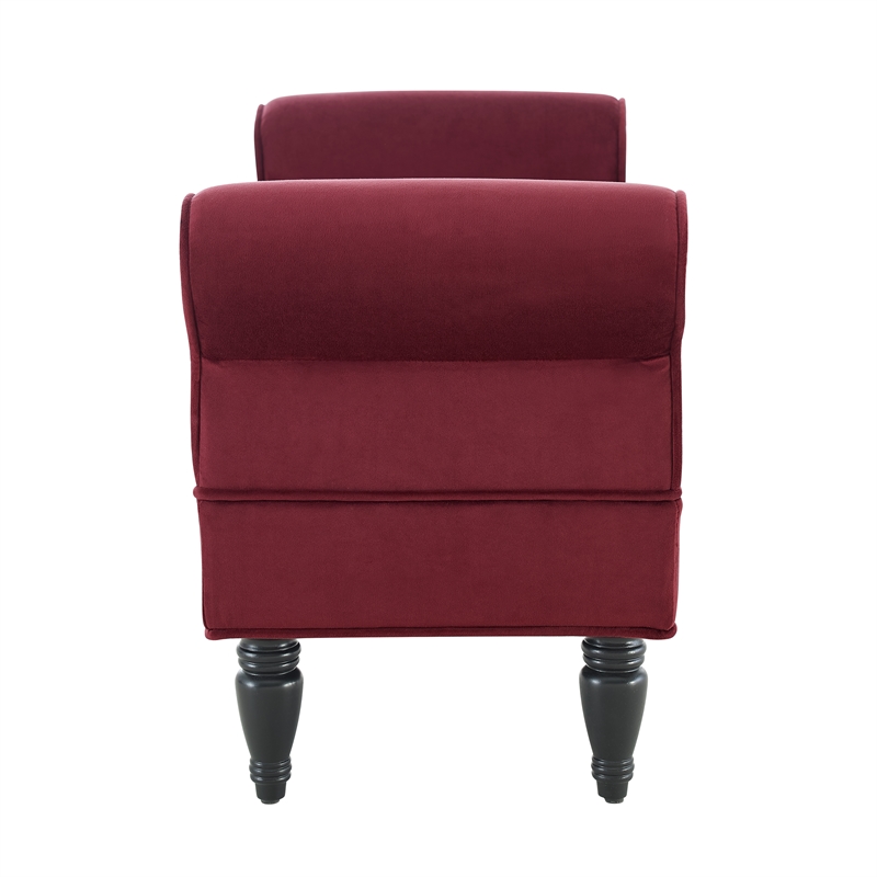 Linon Lillian Upholstered Bench Rolled Sides Dark Wood Legs in Berry Red Fabric