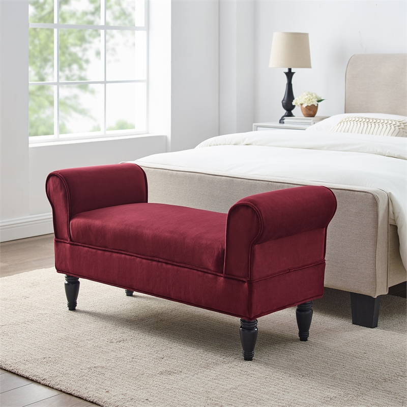 Linon Lillian Upholstered Bench Rolled Sides Dark Wood Legs in Berry Red Fabric
