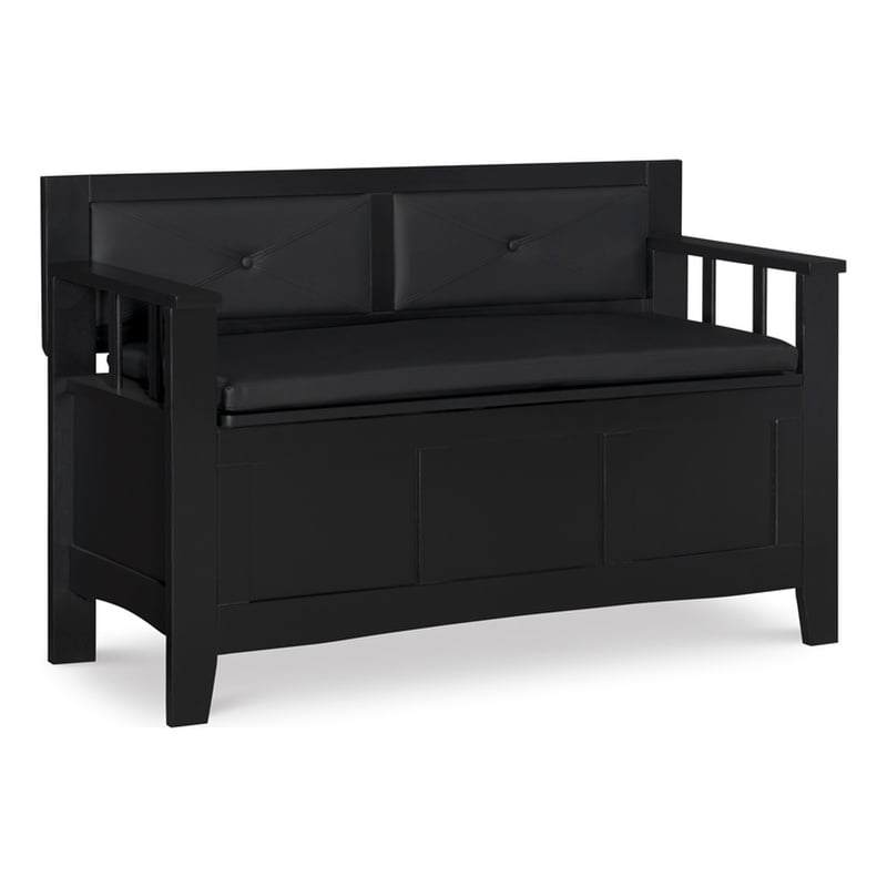 Linon Carlton Storage Bench Faux Leather Padded Back & Seat in Black Wood