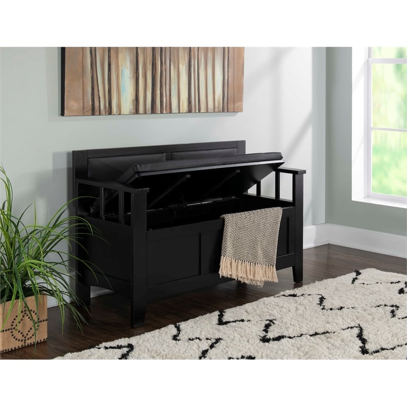 Linon Carlton Storage Bench Faux Leather Padded Back & Seat in Black Wood