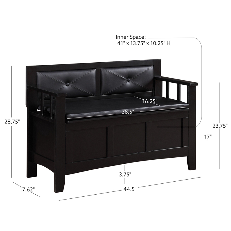 Linon Carlton Storage Bench Faux Leather Padded Back & Seat in Black Wood