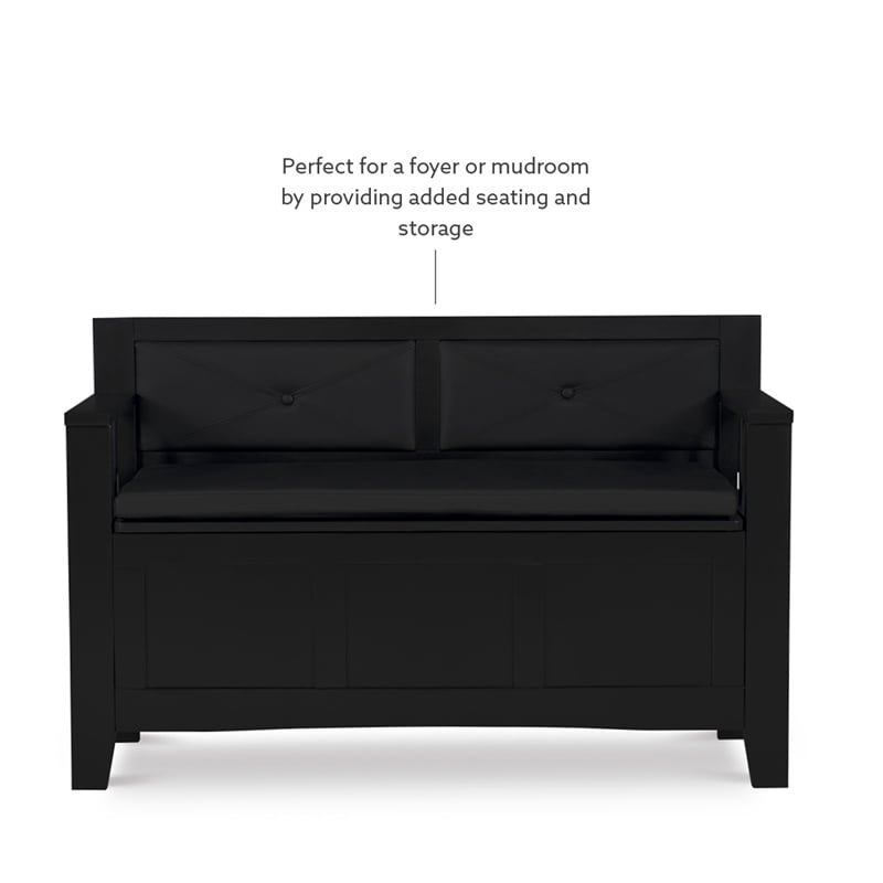 Linon Carlton Storage Bench Faux Leather Padded Back & Seat in Black Wood