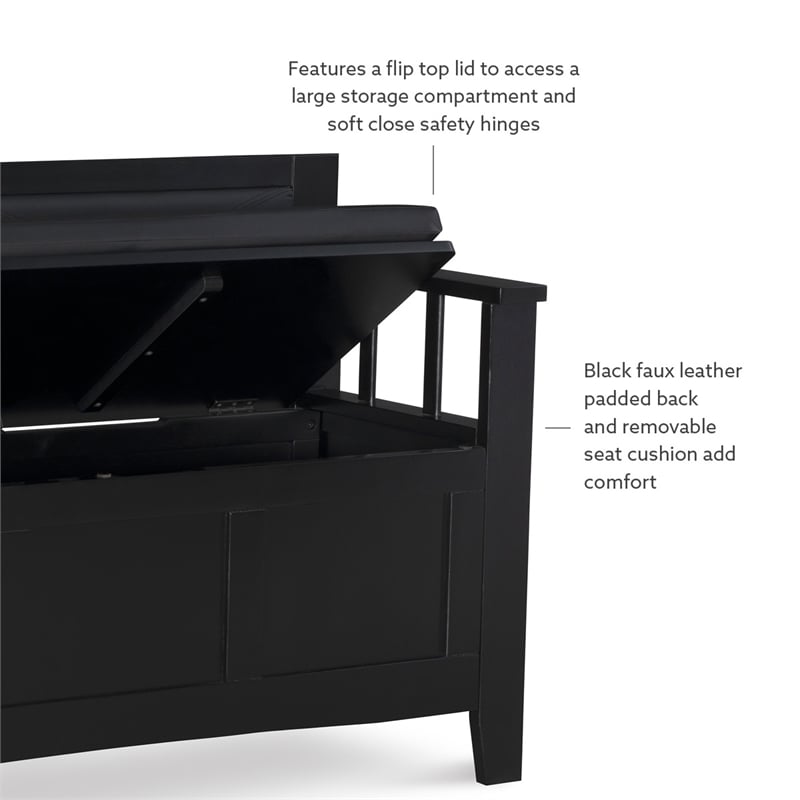 Linon Carlton Storage Bench Faux Leather Padded Back & Seat in Black Wood