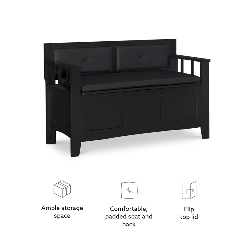 Linon Carlton Storage Bench Faux Leather Padded Back & Seat in Black Wood