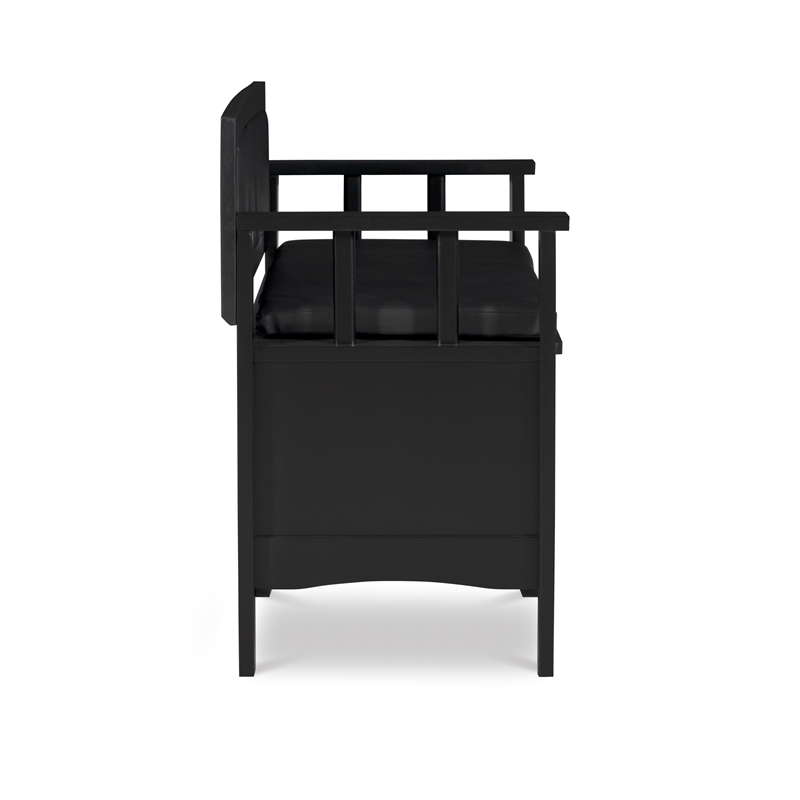 Linon Carlton Storage Bench Faux Leather Padded Back & Seat in Black Wood