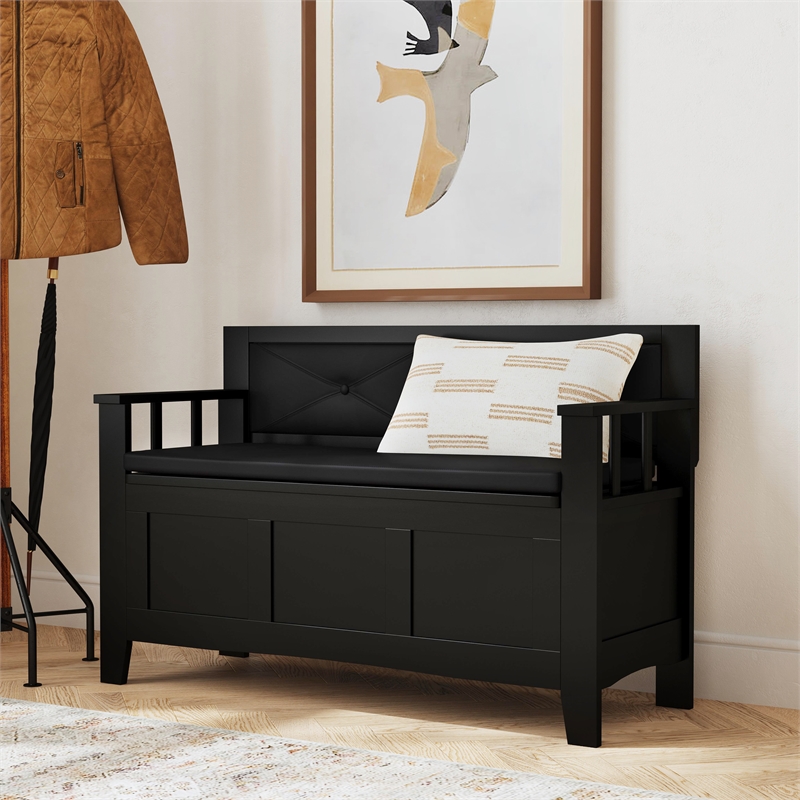 Linon Carlton Storage Bench Faux Leather Padded Back & Seat in Black Wood