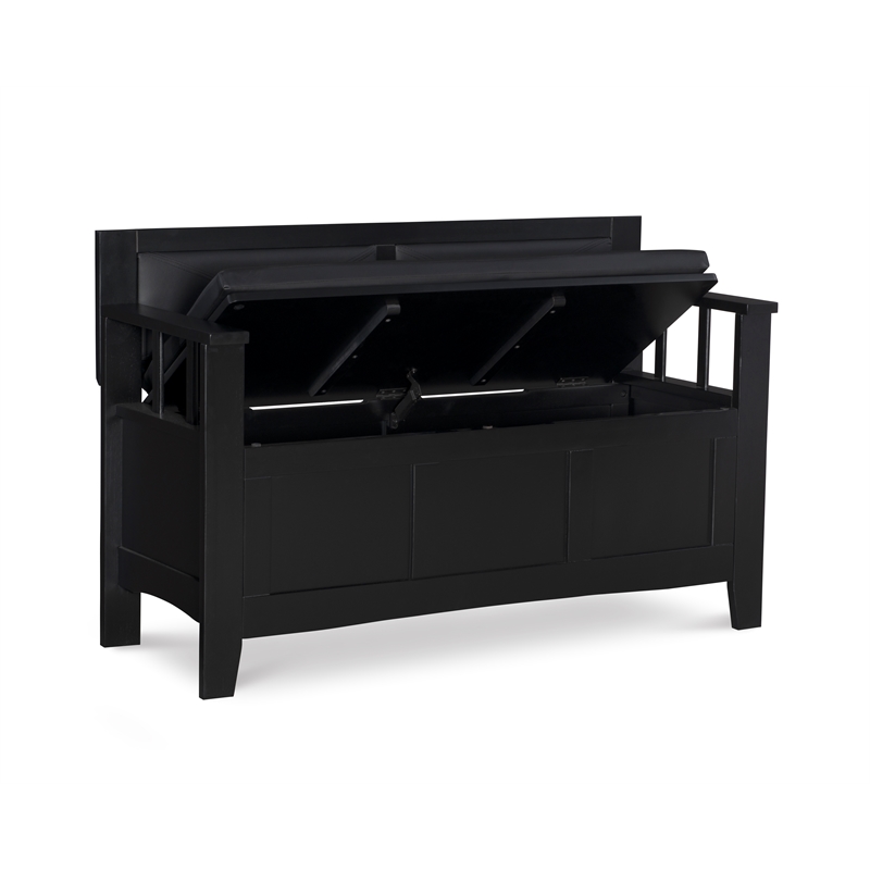 Linon Carlton Storage Bench Faux Leather Padded Back & Seat in Black Wood