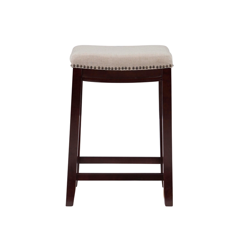 Linon Hampton Counter Stool Beige Padded Seat Wood Frame in Dark Walnut Brown