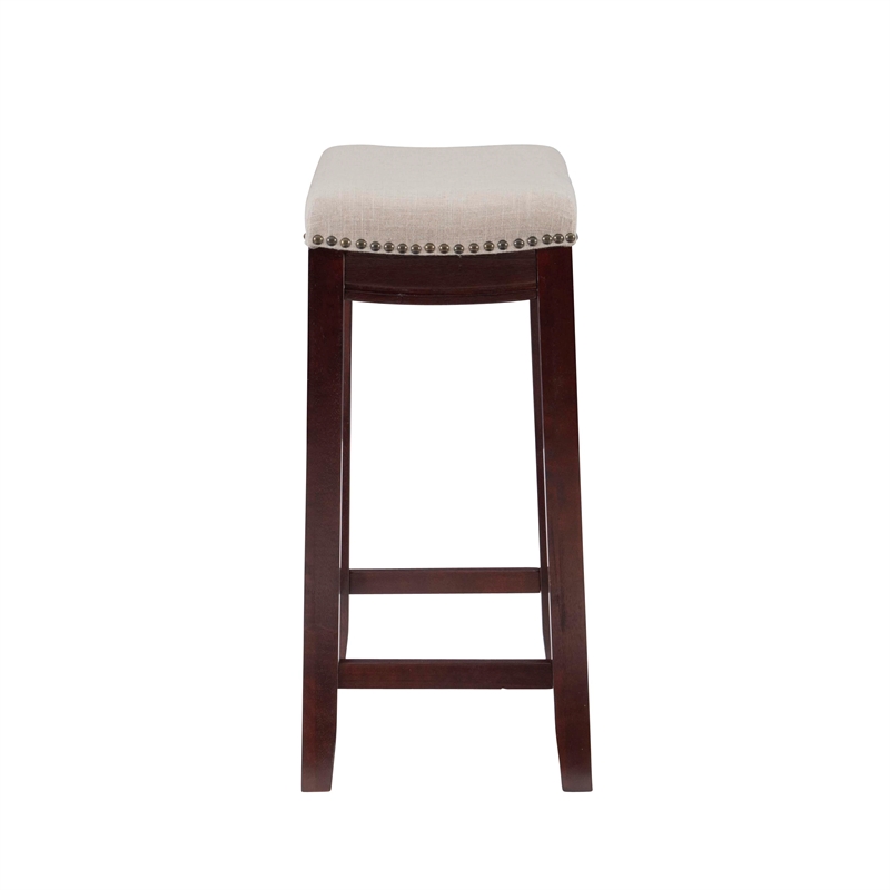 Linon Hampton Counter Stool Beige Padded Seat Wood Frame in Dark Walnut Brown