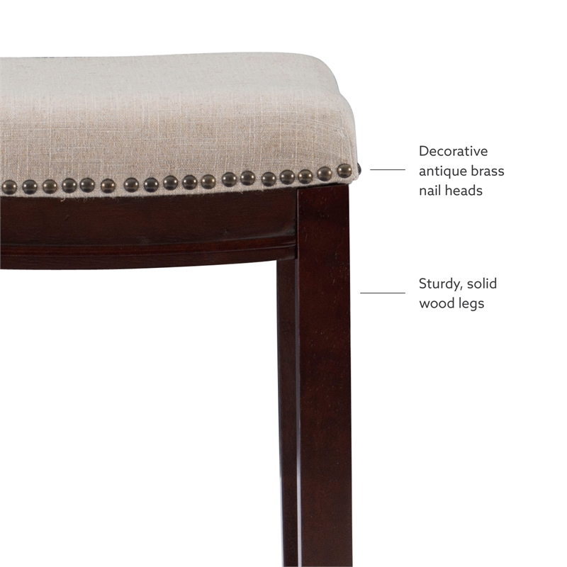 Linon Hampton Counter Stool Beige Padded Seat Wood Frame in Dark Walnut Brown
