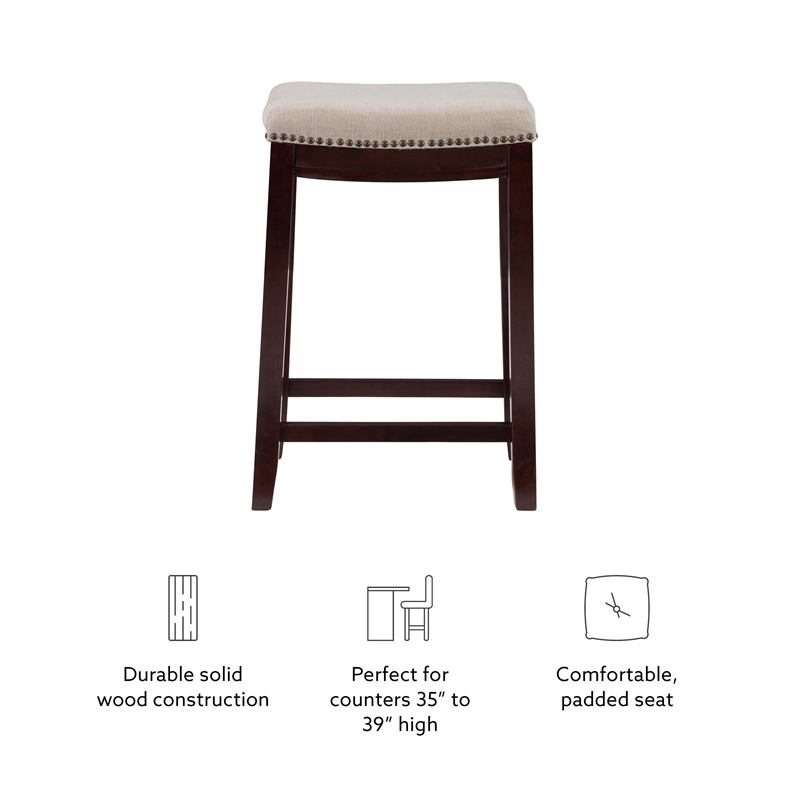 Linon Hampton Counter Stool Beige Padded Seat Wood Frame in Dark Walnut Brown