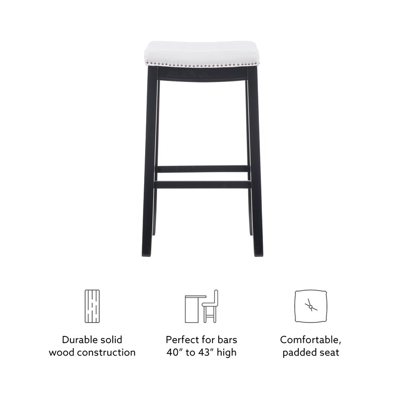 Linon Claridge Backless Bar Stool White Faux Leather Wood Frame in Black Finish