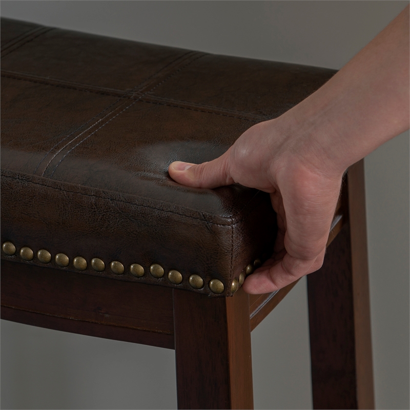 Linon Claridge Backless Counter Stool Faux Leather Nailhead Trim in Brown Wood
