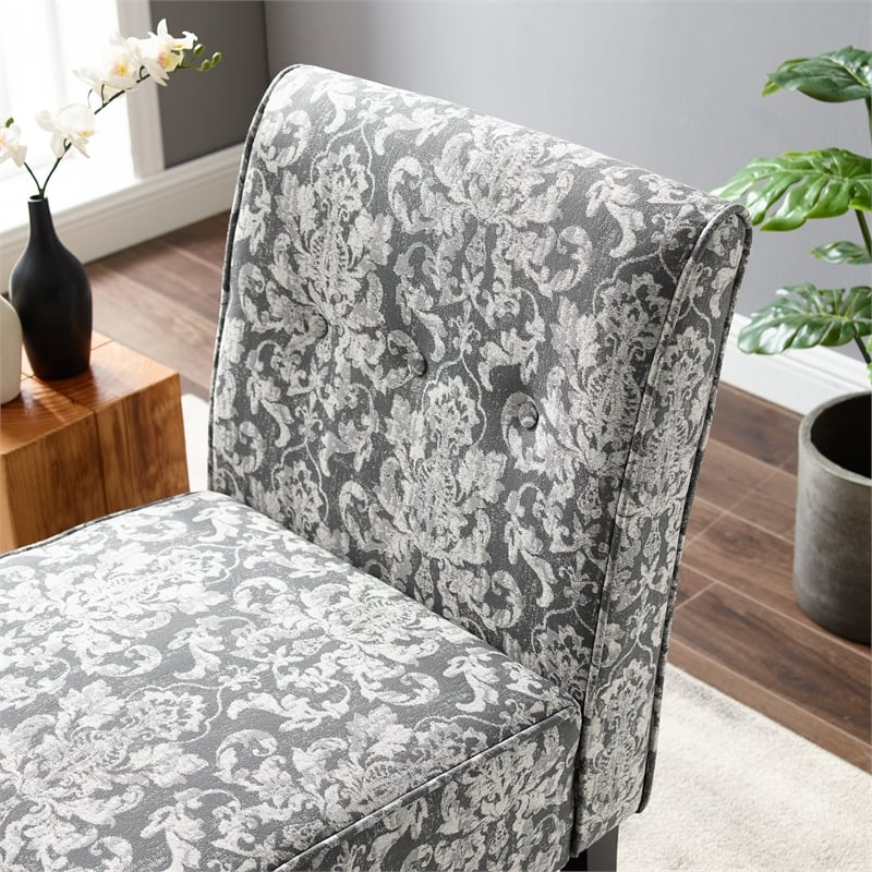 Linon Coco Damask Upholstered Tufted Accent Chair in Gray Patterned Fabric