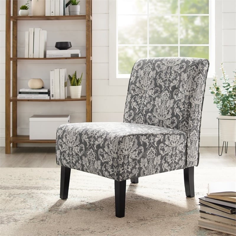 Linon Coco Damask Upholstered Tufted Accent Chair in Gray Patterned Fabric