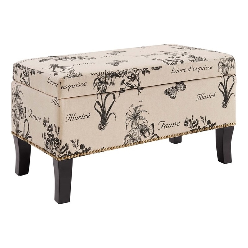 Linon Stephanie Botanical Wood Upholstered Storage Ottoman in Beige