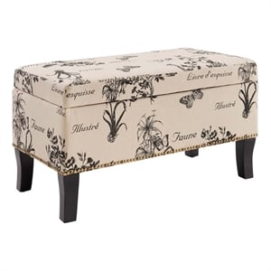 Linon Stephanie Botanical Wood Upholstered Storage Ottoman in Beige