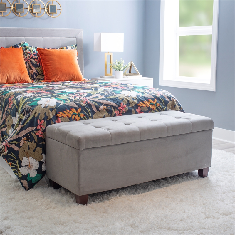Linon Carmen Upholstered Tufted Shoe Storage Ottoman in Gray Microfiber