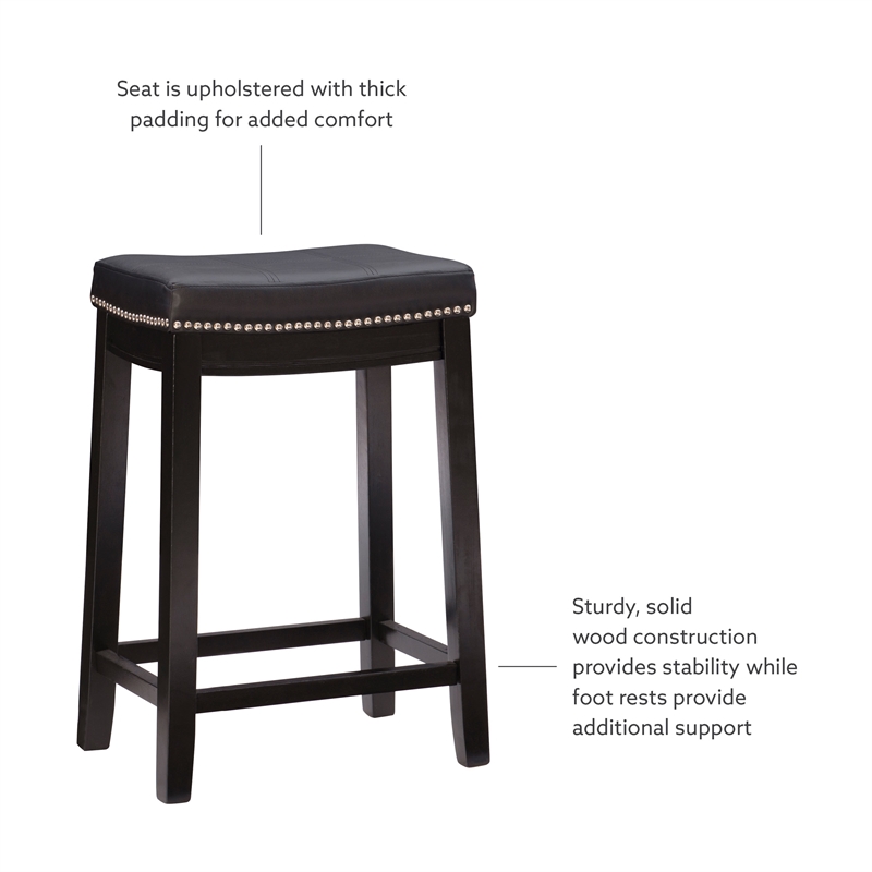 Linon Claridge Backless Counter Stool Nailhead Trim Faux Leather in Black Wood