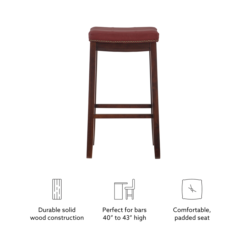 Linon Claridge Backless Bar Stool Red Faux Leather Wood Frame in Dark Brown