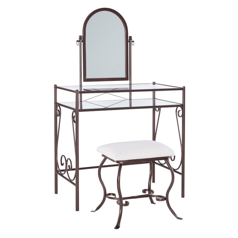 Linon Clarisse Metal & Glass Vanity & Padded Stool Set Arched Mirror in Bronze